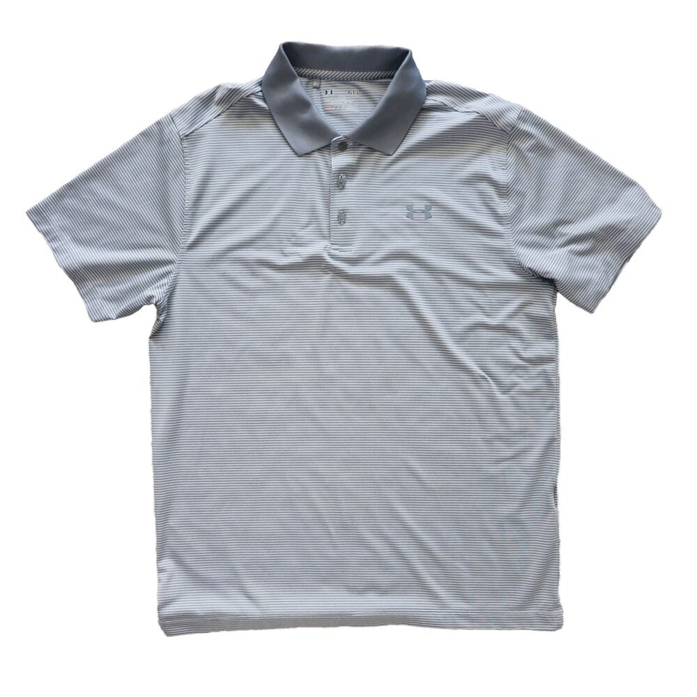 UNDER ARMOUR Men's Loose Light Gray RELEASE Stripe Knit Jersey Polo Top Shirt L